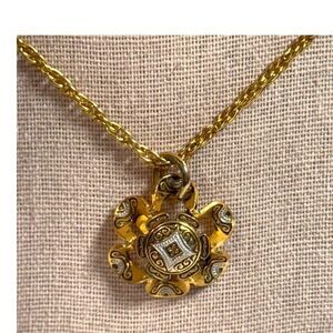 Gold-Tone Damascene Spain Pendant Necklace Flower & Twisted Chain 18" Vintage